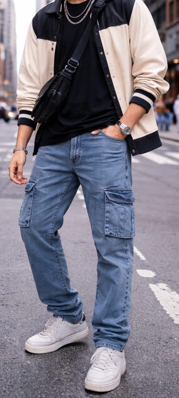 Men’s Light Blue Denim Cargo Jeans – Relaxed Fit Multi-Pocket Streetwear Pants