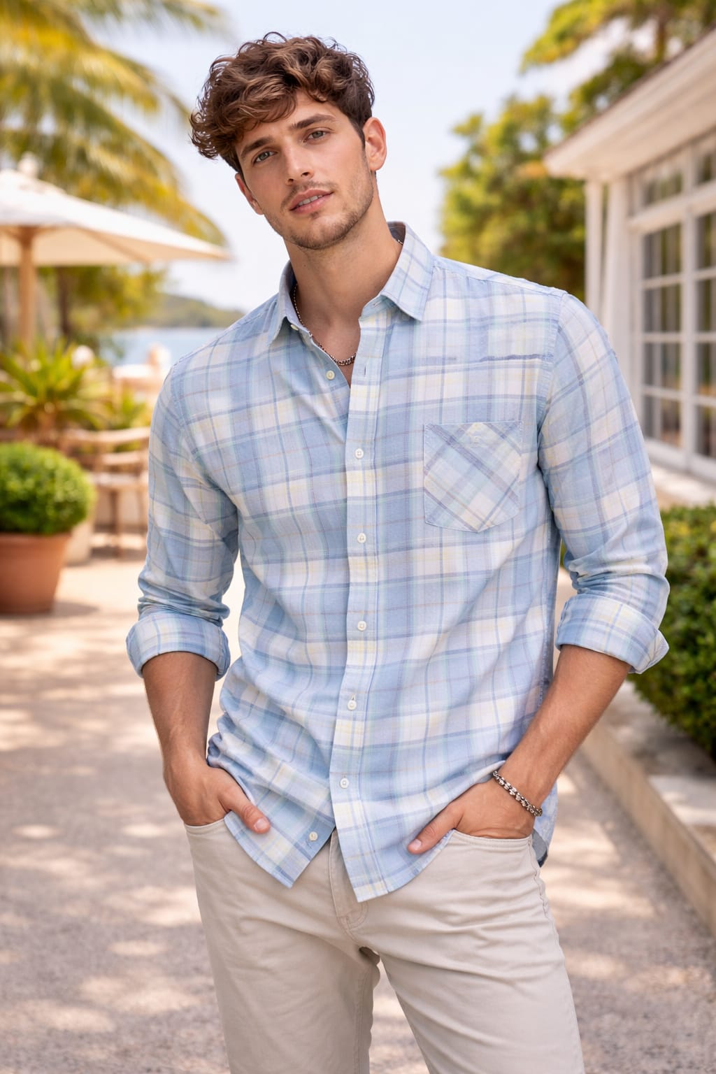 Men’s Light Blue Checkered Shirt – Slim Fit Premium Cotton Casual Shirt