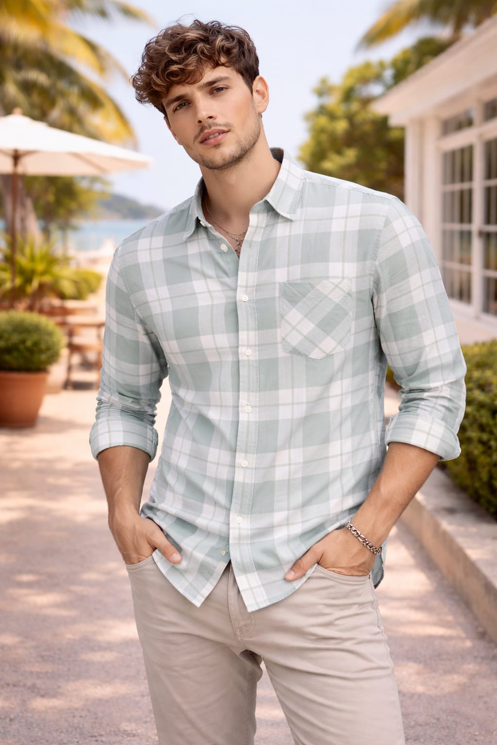 Men’s Mint Green Checkered Shirt – Slim Fit Premium Cotton Casual Shirt